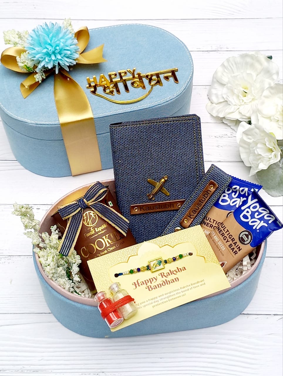 Denim Rakhi Hamper for Brother – Personalised Passport Cover, Keychain, Snacks & Morpankh Rakhi in Denim Box