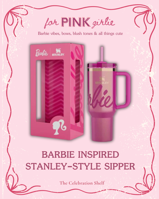 Barbie-inspired Stanley-style sipper with packaging on a pink background