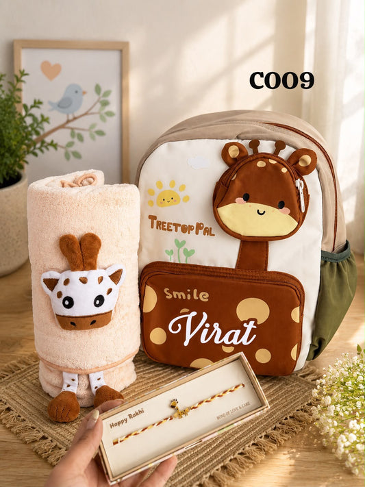 SKH- 04 COO9 Personalized Giraffe Rakhi Gift Combo | Kids Backpack, Plush Towel & Giraffe Rakhi | Personalised Raksha Bandhan Gift