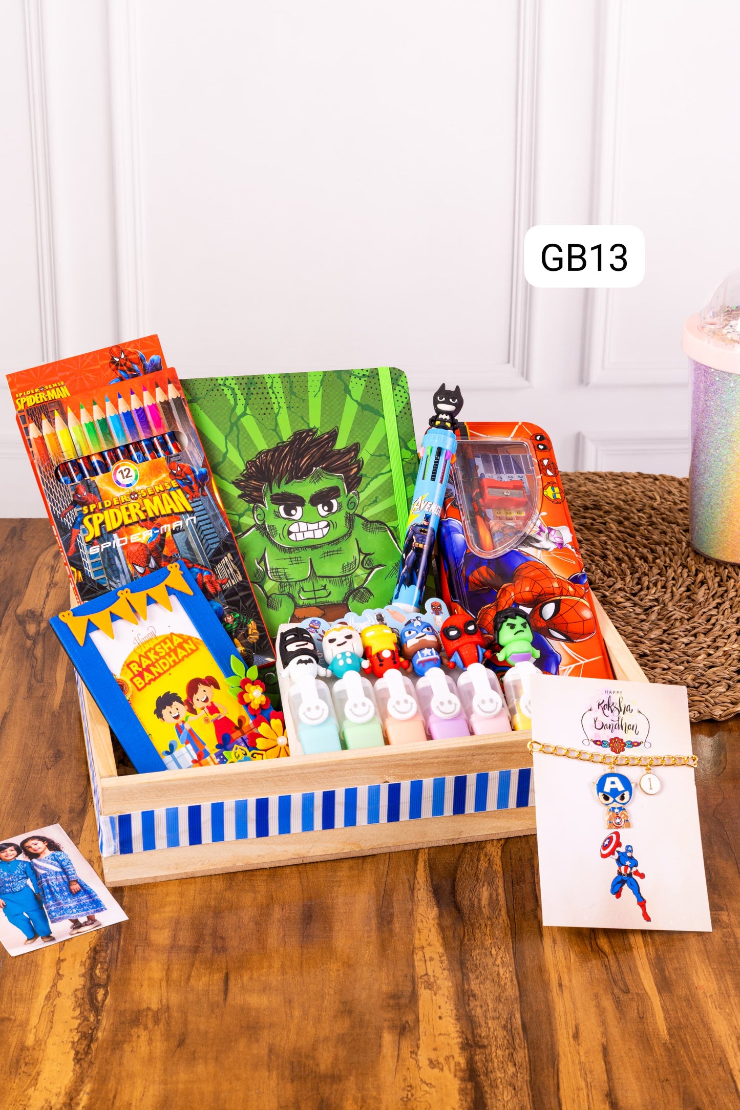 GB 13-16 Personalised Kids Theme Hampers with Diary, Stationery & Rakhi – Unicorn, Superhero, Mermaid, Space