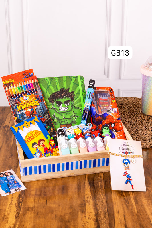 GB 13-16 Personalised Kids Theme Hampers with Diary, Stationery & Rakhi – Unicorn, Superhero, Mermaid, Space