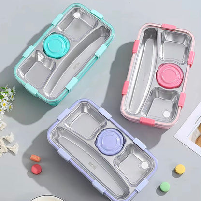 Insulated Bento Lunch Box - 4-Grid, Stainless Steel, Leak-Proof, 710ml with Steel Spoon & Chopsticks - Perfect for Office & School