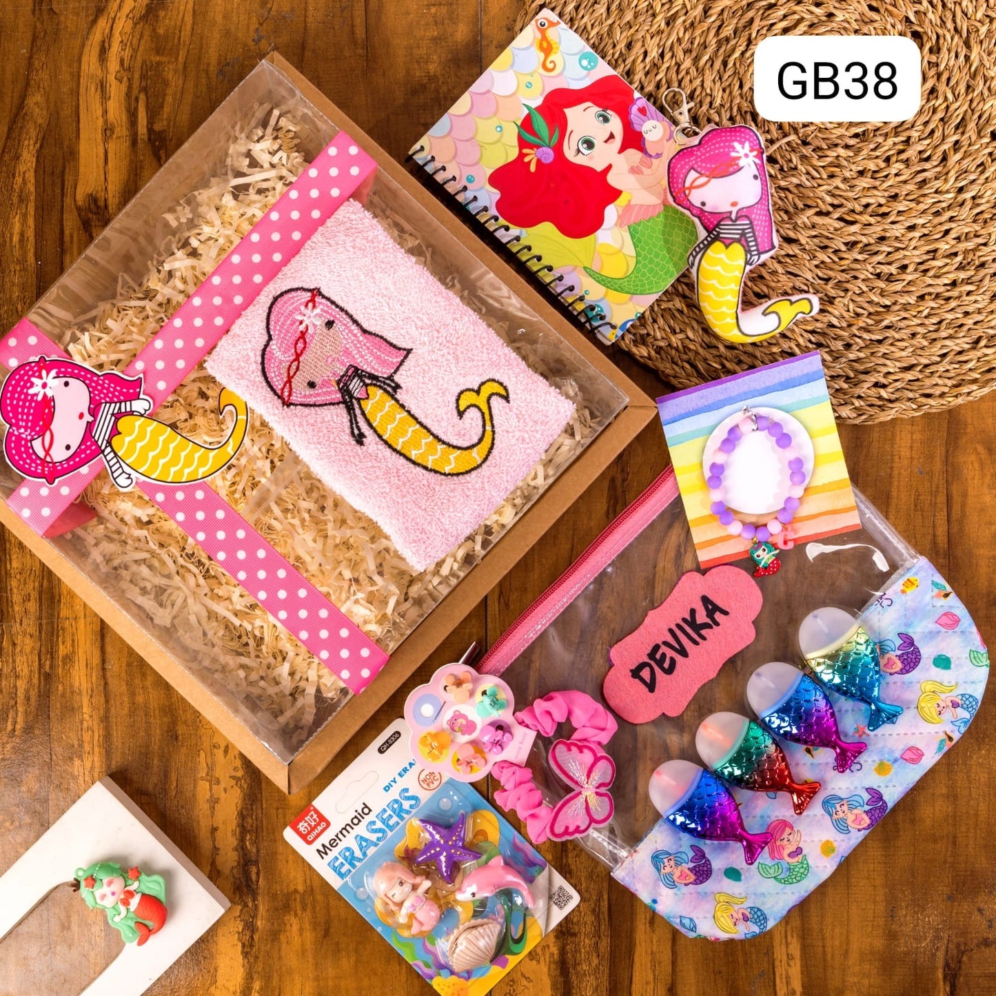 GB 38 🧜‍♀️ Personalised Mermaid Box Hamper – Custom Pouch, Bracelet, Towel & More | Rakhi Special Gift for Girls with Name Embroidery on Towel