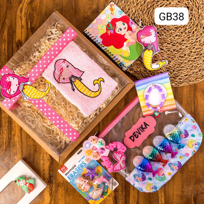 GB 38 🧜‍♀️ Personalised Mermaid Box Hamper – Custom Pouch, Bracelet, Towel & More | Rakhi Special Gift for Girls with Name Embroidery on Towel