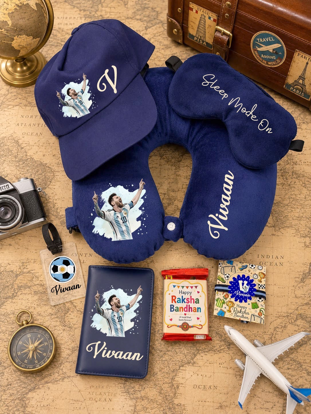 SHM- 028 Personalized Travel Gift Combo with Designer Rakhi | Neck Pillow, Passport Cover & Travel Essentials | Raksha Bandhan 2026