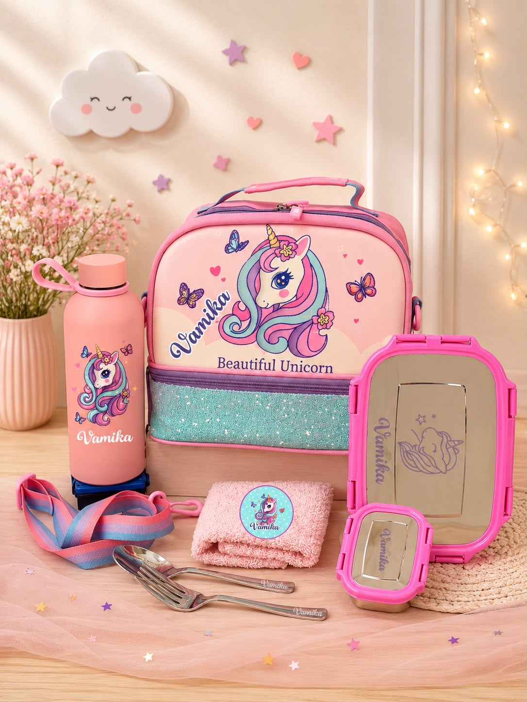 SHM- 002 Personalized School Essentials Gift Hamper with Rakhi | Custom Lunch Bag, Bottle, Lunch Box & Napkin | Raksha Bandhan 2026