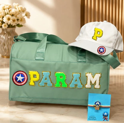 SHM-001 Personalized Kids Duffle Bag with Cap & Rakhi | Custom Name Travel Bag Gift Combo | Raksha Bandhan 2026