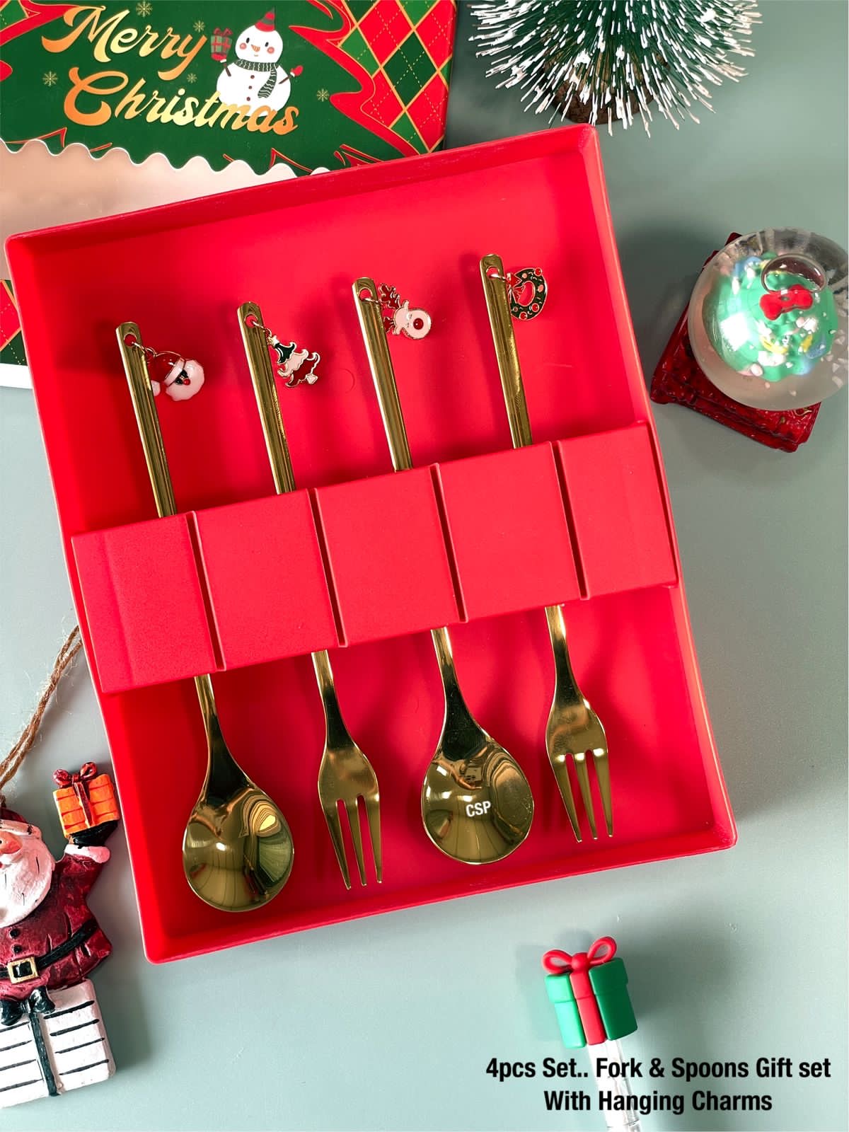 Christmas Special Stainless Steel Charms Spoon Set in Elegant Gift Box (Set of 4)