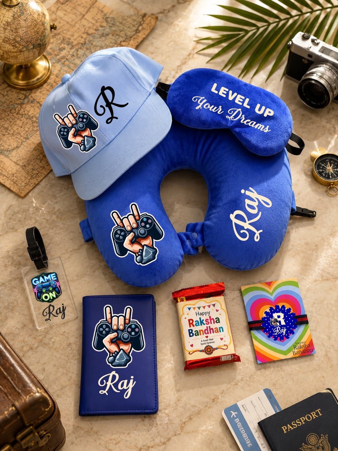 SHM- 028 Personalized Travel Gift Combo with Designer Rakhi | Neck Pillow, Passport Cover & Travel Essentials | Raksha Bandhan 2026