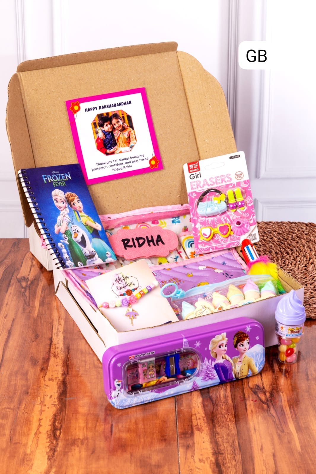 GB 28-32 Personalised Kids Rakhi Theme Box Hamper with Pouch, Diary, Rakhi & Stationery | Return Gift for Boys & Girls