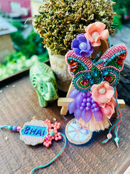 N-21 Trending Butterfly Lumba & Beaded Bhai Rakhi Set – Elegant Bhai Bhabhi Rakhi Combo