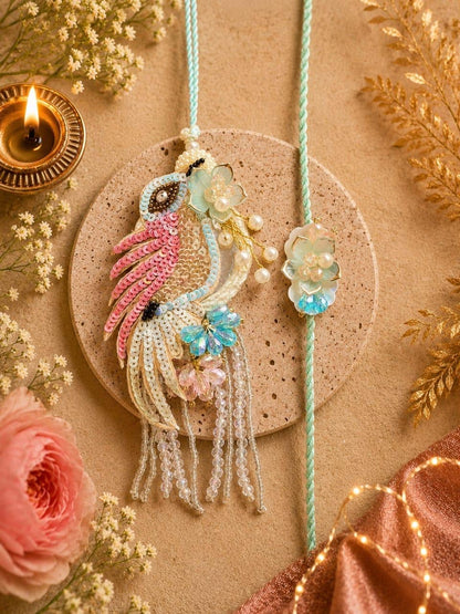 NB- 37 Bird Paradise Pastel Rakhi Lumba Set for Bhai Bhabhi | Premium Designer Bird Rakhi with Pearl & Crystal Detailing