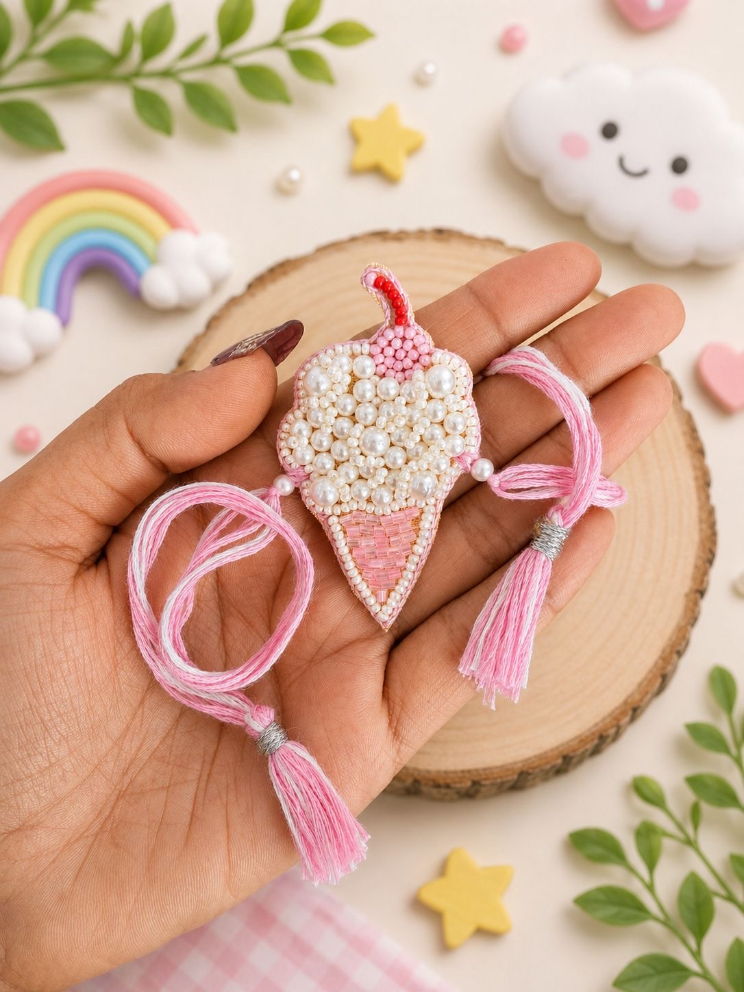 SK- 06 Handcrafted Car & Ice Cream Kids Rakhi Gift Box | Red Car & Pink Ice Cream Rakhi for Little Brothers | Raksha Bandhan 2026