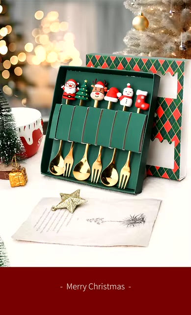 Christmas Special Stainless Steel Spoon & Fork Set in Elegant Gift Box (Set of 6)