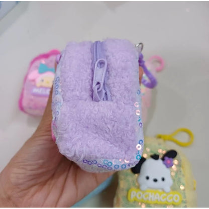 Sanrio Theme Inspired Kuromi, Hello Kitty, My Melody, Cinnamoroll & Pompompurin Mini Backpack Style Sequence Bag Keychain With Fur Detail