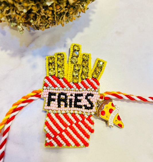 KN-34 🍕 Quirky French Fry Rakhi with Metal Pizza Charm – Fun Rakhi for Kids & Brothers 2025