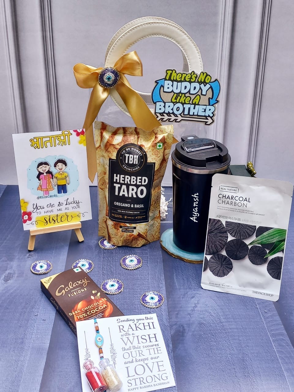 Personalised Rakhi Hamper for Brother – Temp Bottle, Chocolate, Rakhi & Self-Care Essentials