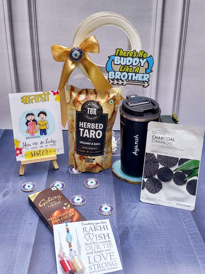 Personalised Rakhi Hamper for Brother – Temp Bottle, Chocolate, Rakhi & Self-Care Essentials