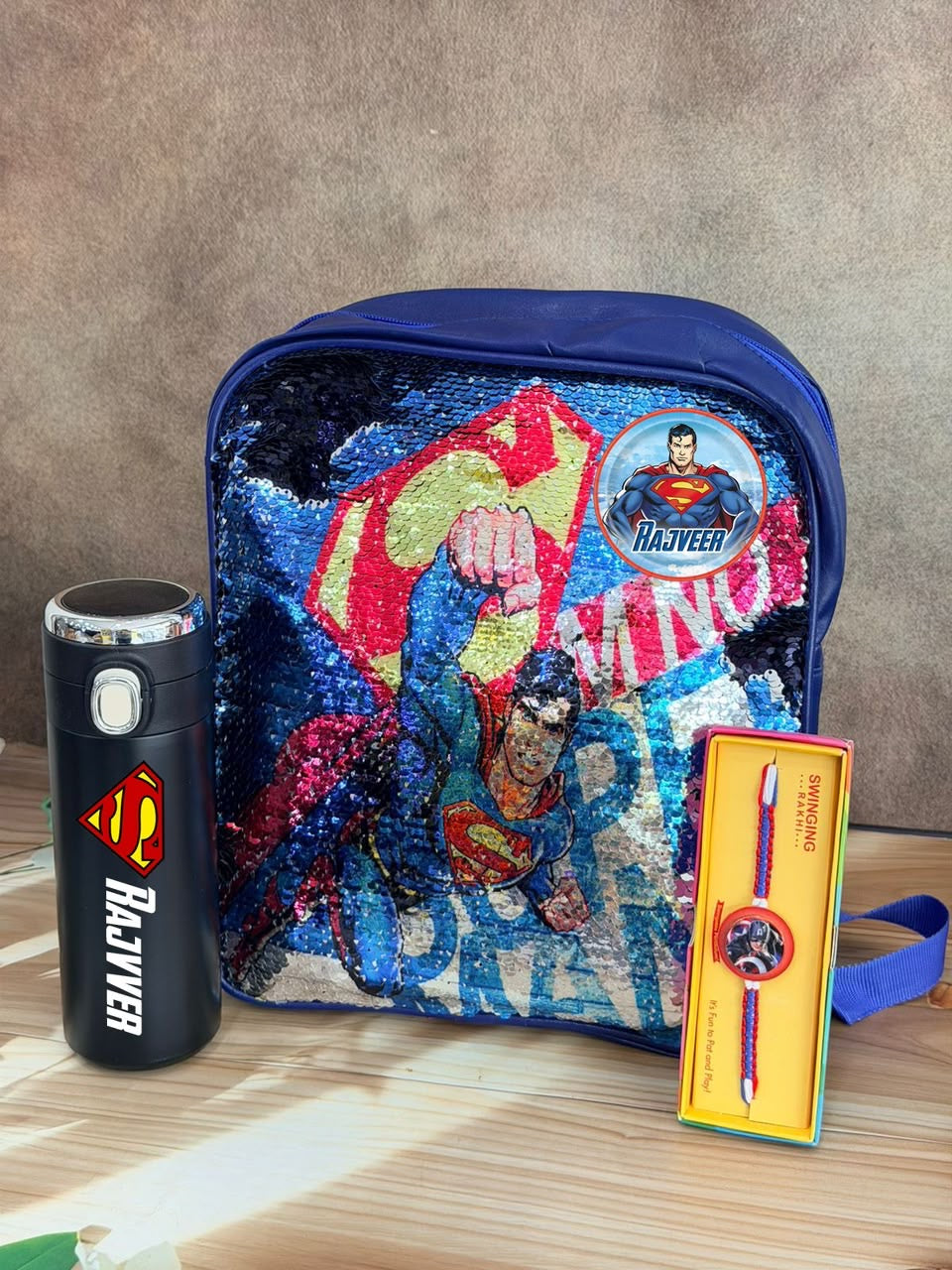 SHM- 025 Limited Edition Personalized Sequin Backpack Hamper | Custom Kids Gift with Spinner Rakhi | Raksha Bandhan 2026