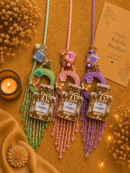 NB-35 Luxury Perfume Inspired Rakhi Lumba Set for Bhai Bhabhi | Premium Pastel Designer Rakhi with Mirror & Crystal Tassels
