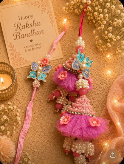 NB- #04 Traditional Embroidered Butterfly Rakhi Lumba Set | Double Lumba Bhaiya Bhabhi Rakhi | Handmade Rakhi 2026