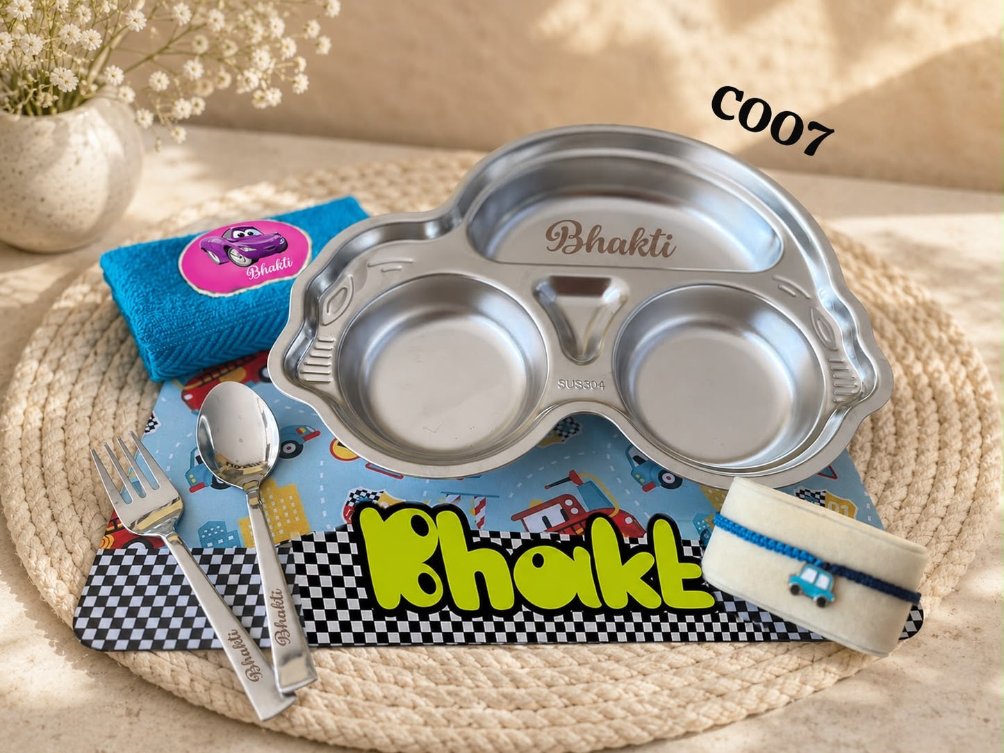SHM- 008 Peppa & Car Kids Rakhi Gift Combo | Stainless Steel Thali, Foldable Mat & Rakhi | Raksha Bandhan 2026