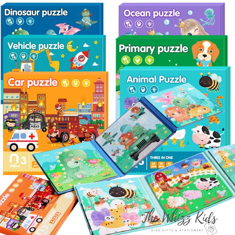 New Magnetic 3-in-1 Puzzles Book – Animal, Vehicle, Ocean, Car Theme