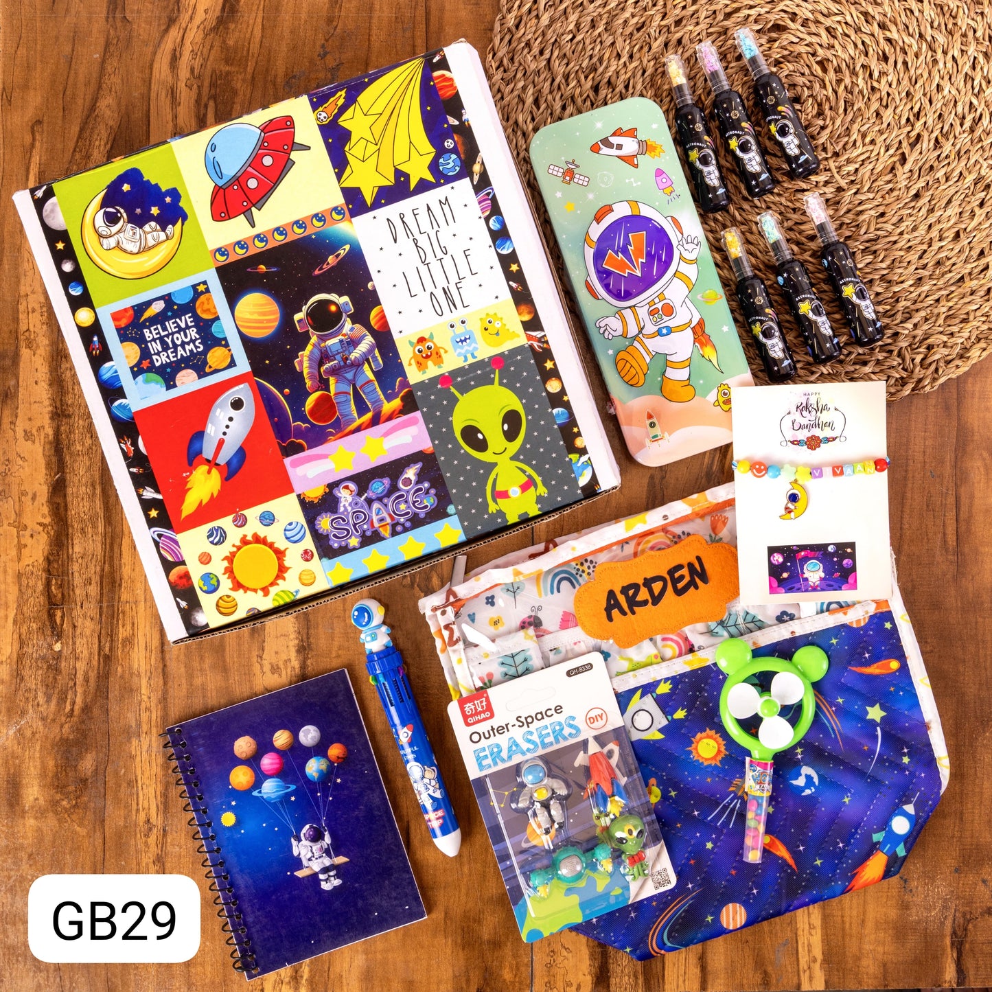 GB 28-32 Personalised Kids Rakhi Theme Box Hamper with Pouch, Diary, Rakhi & Stationery | Return Gift for Boys & Girls