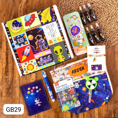 GB 28-32 Personalised Kids Rakhi Theme Box Hamper with Pouch, Diary, Rakhi & Stationery | Return Gift for Boys & Girls