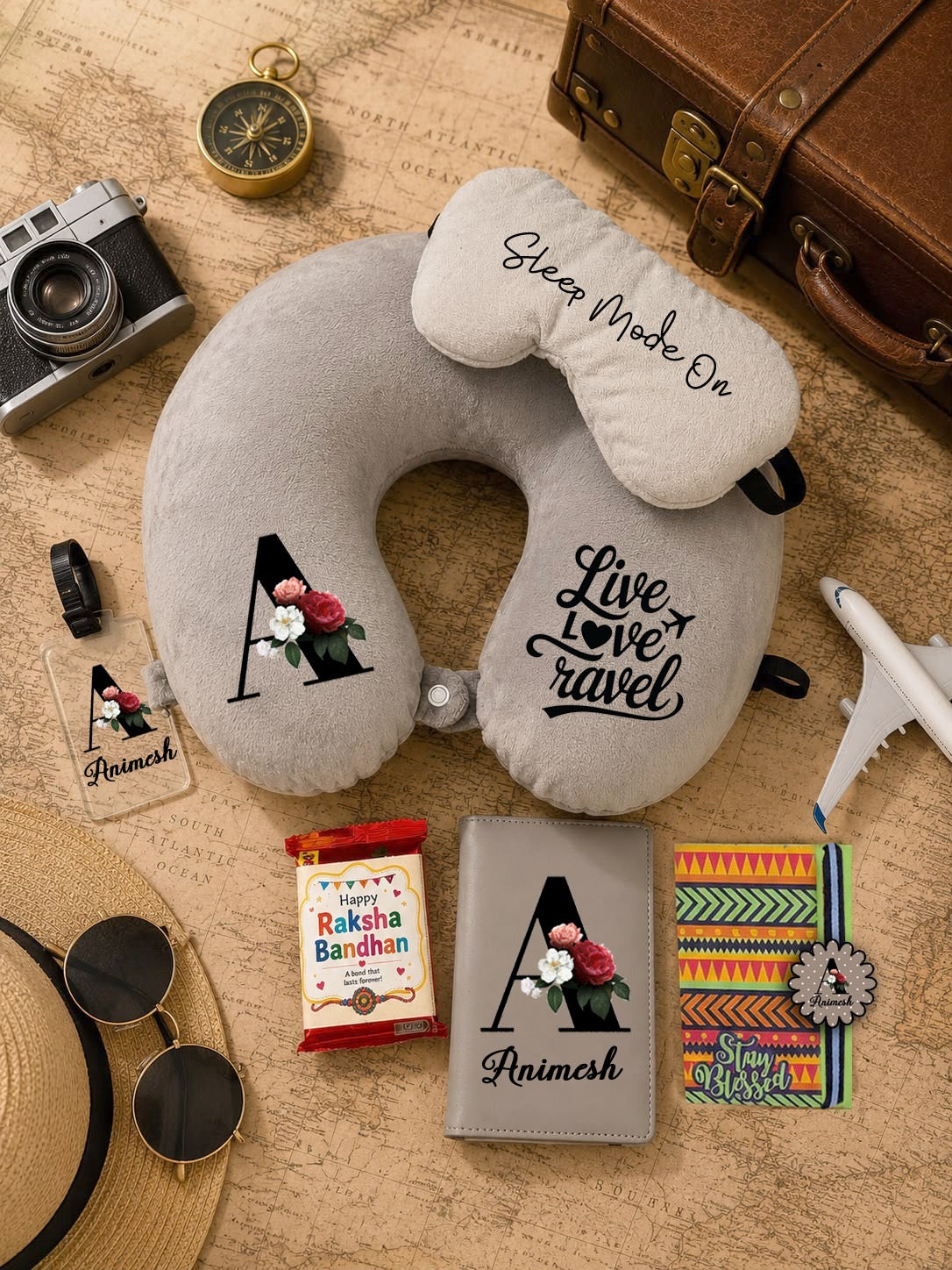 SHM- 028 Personalized Travel Gift Combo with Designer Rakhi | Neck Pillow, Passport Cover & Travel Essentials | Raksha Bandhan 2026