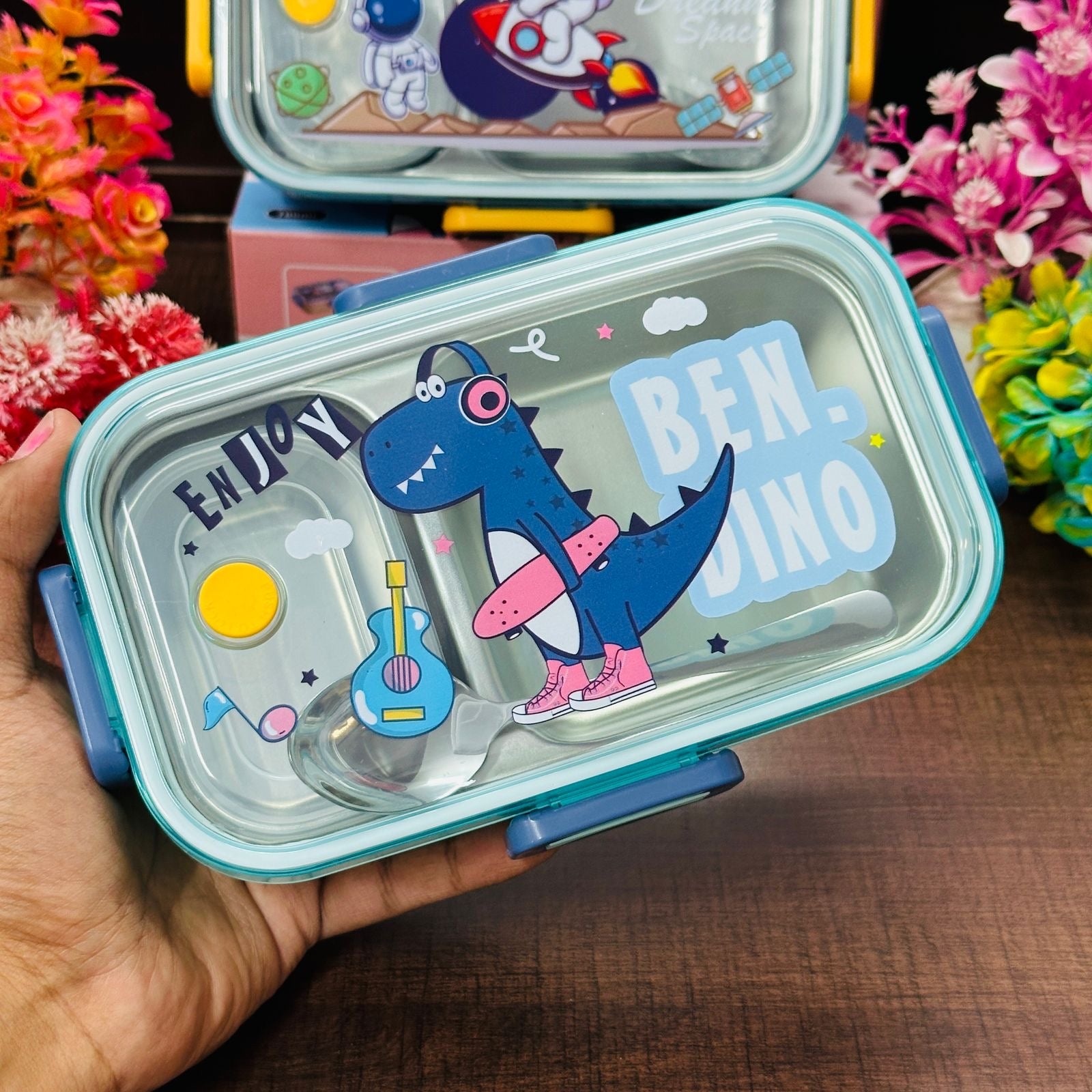 2-Grid Stainless Steel Lunch Box – Unicorn, Space, and Dino Themes 🦄🚀🦖  Dino-mite