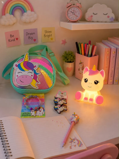 SKH- 01 Unicorn Rakhi Gift Hamper for Girls | Unicorn Sling Bag, Rakhi Bracelet, LED Lamp & Hair Accessories | Kids Rakhi Gift Combo 2026
