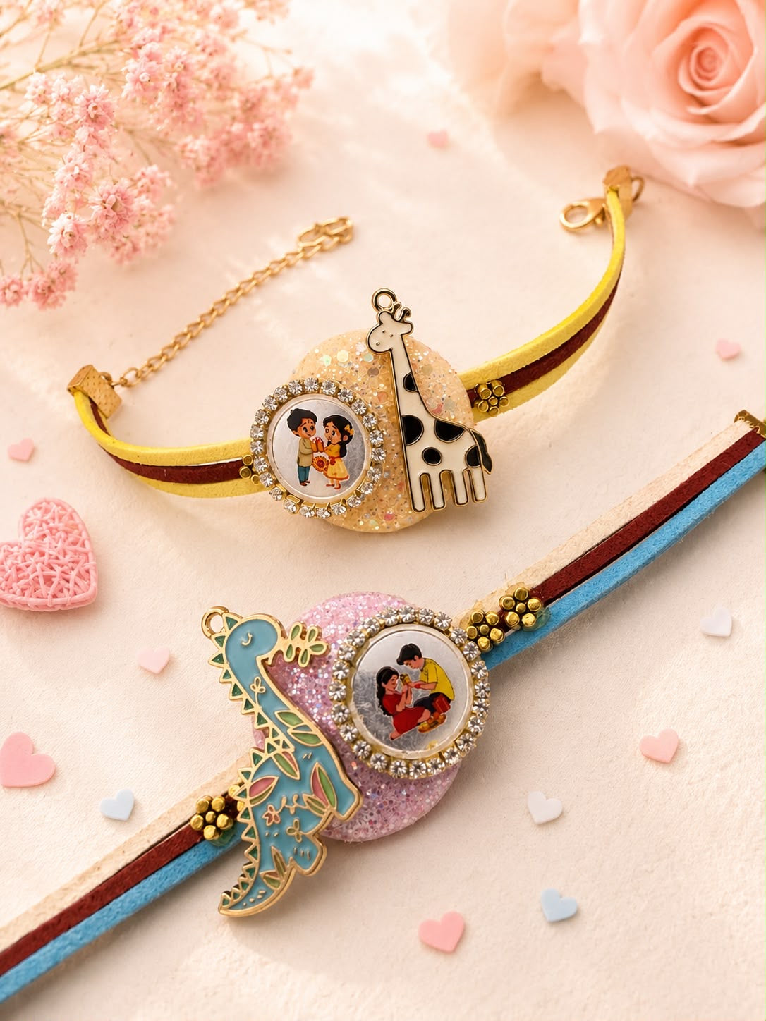 Two personalized Rakhi bracelets styled on a soft pink background with decorative flowers and heart confetti. One bracelet is gold with a giraffe charm and a photo oval; the other is pink with a blue and gold bird charm and a photo oval.