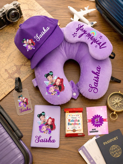 SHM- 028 Personalized Travel Gift Combo with Designer Rakhi | Neck Pillow, Passport Cover & Travel Essentials | Raksha Bandhan 2026