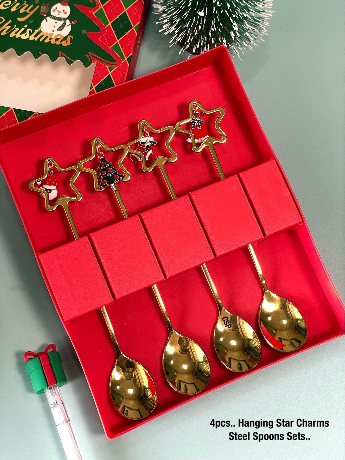 Christmas Special Stainless Steel Star Charms Spoon Set in Elegant Gift Box (Set of 4)