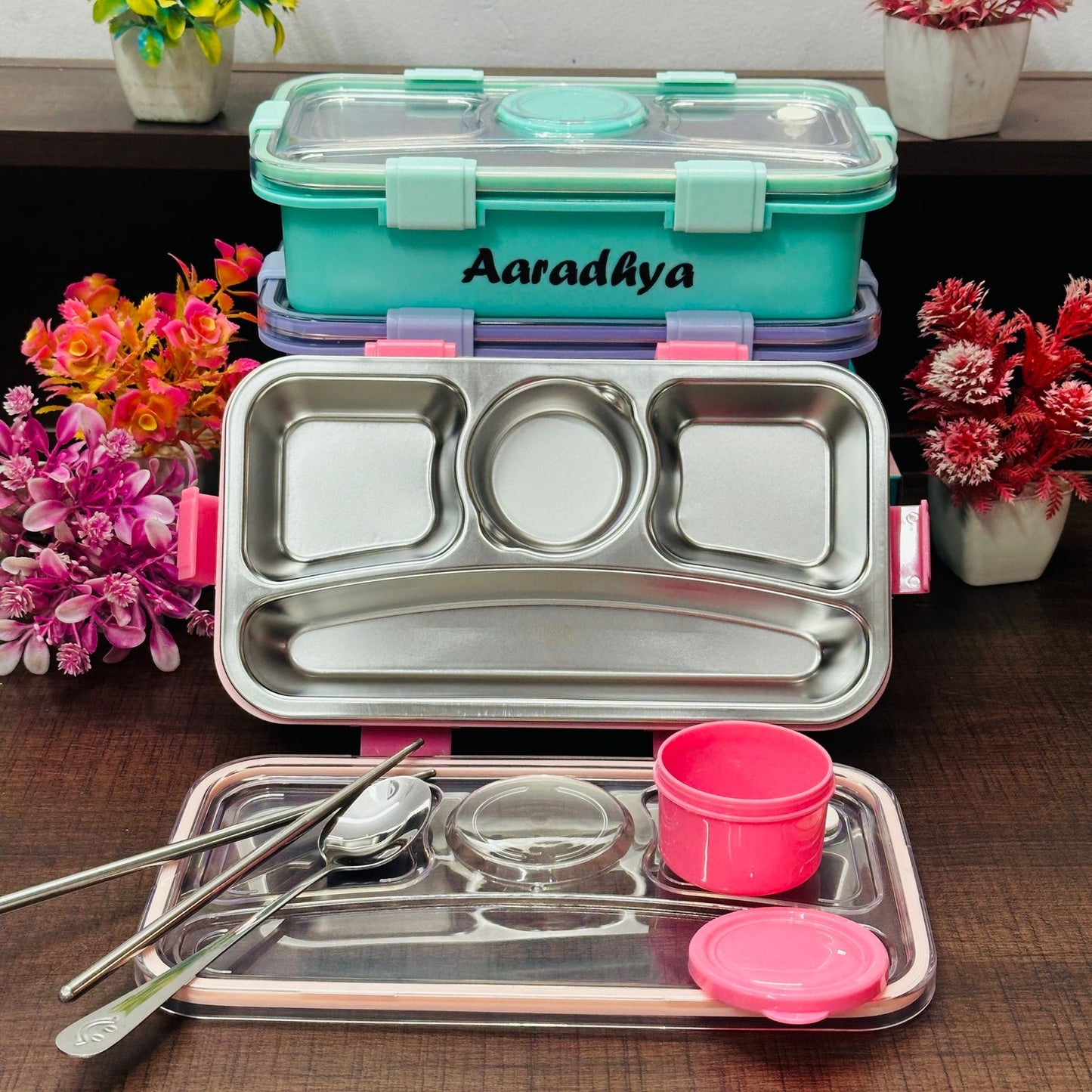 Insulated Bento Lunch Box - 4-Grid, Stainless Steel, Leak-Proof, 710ml with Steel Spoon & Chopsticks - Perfect for Office & School