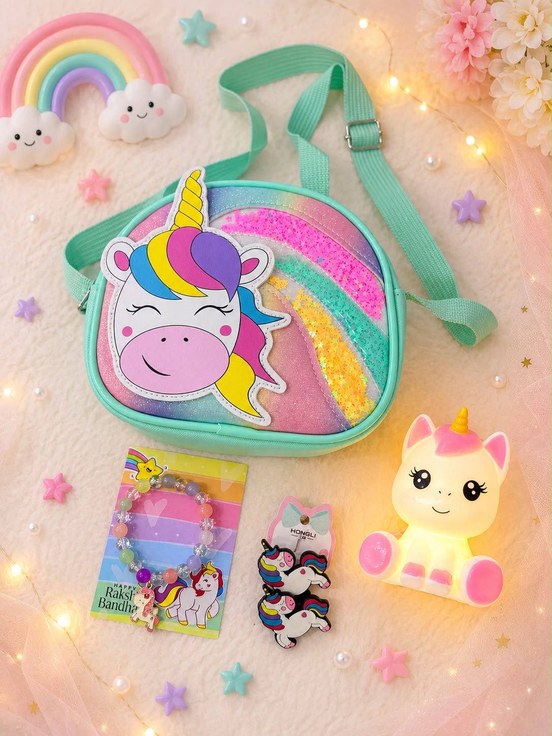 SKH- 01 Unicorn Rakhi Gift Hamper for Girls | Unicorn Sling Bag, Rakhi Bracelet, LED Lamp & Hair Accessories | Kids Rakhi Gift Combo 2026