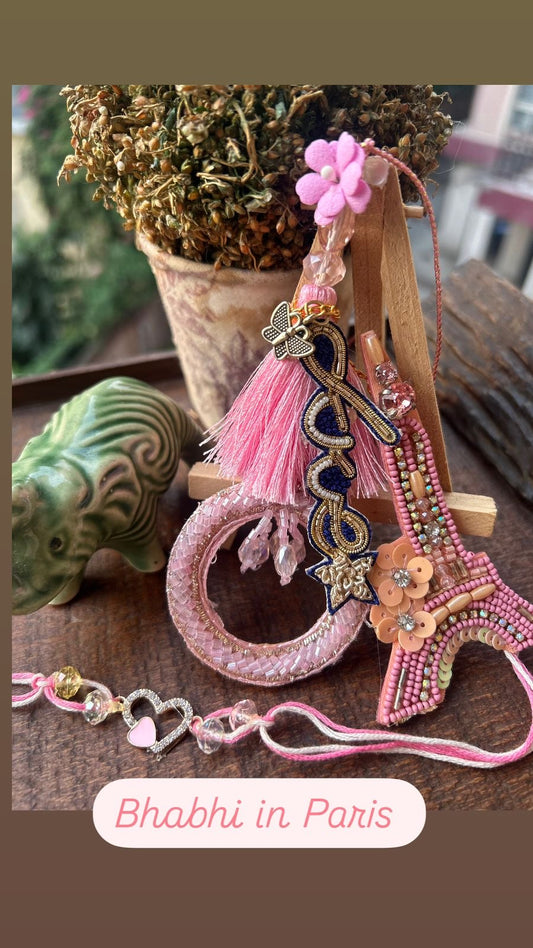 N-33 💕 Bhabhi in Paris – Designer Rakhi Lumba Set with Hand Zardosi Love Patch