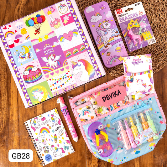 GB 28-32 Personalised Kids Rakhi Theme Box Hamper with Pouch, Diary, Rakhi & Stationery | Return Gift for Boys & Girls