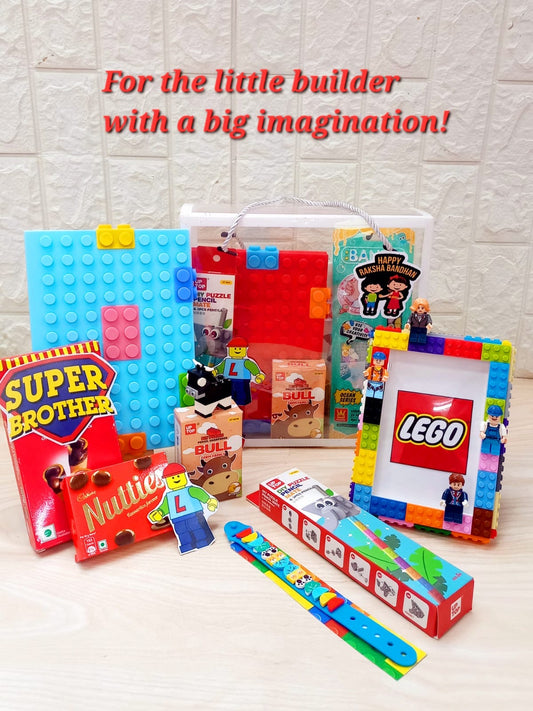 LEGO Rakhi Hamper for Kids – DIY Frame, Notebook, Band, Chocolates & More in Gift Bag