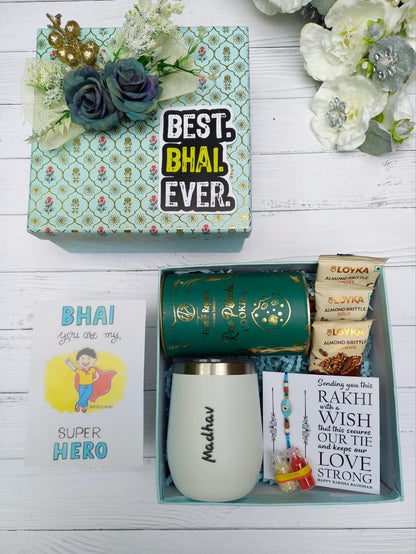 Personalised Rakhi Hamper for Brother – Insulatex Coffee Tumbler, Cookies, Almond Brittle & Evil Eye Rakhi