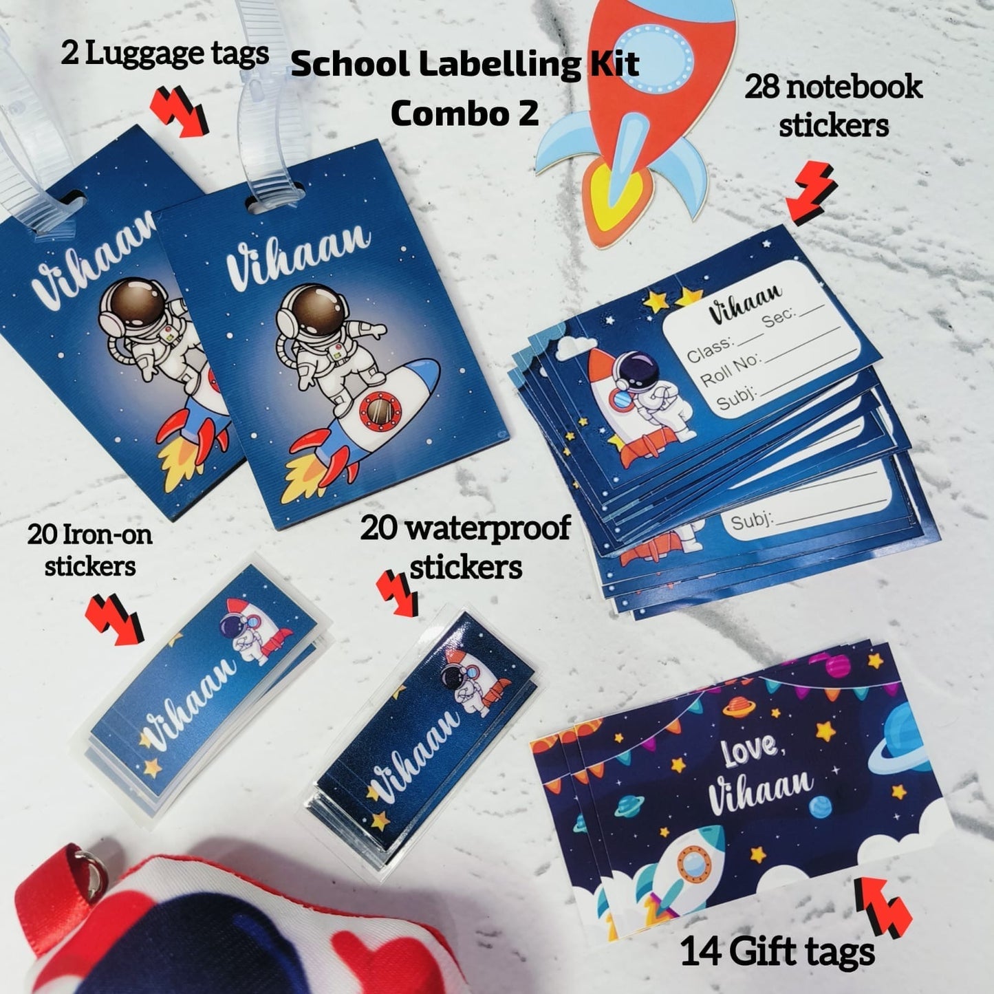 School Labelling Kit Combo 2.0 - Waterproof Stickers, Iron-on Labels, MDF Tags & More | School Supplies Online India