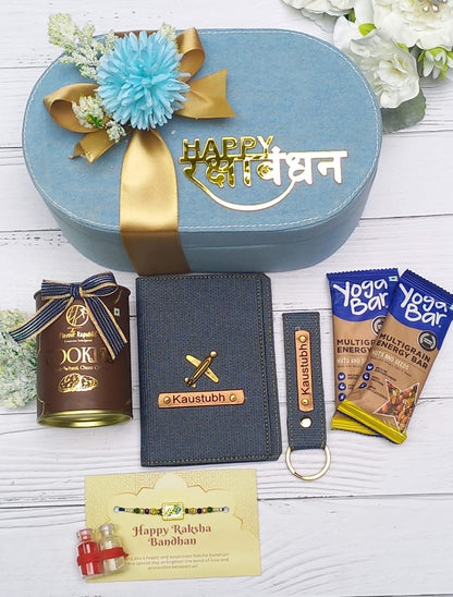 Denim Rakhi Hamper for Brother – Personalised Passport Cover, Keychain, Snacks & Morpankh Rakhi in Denim Box