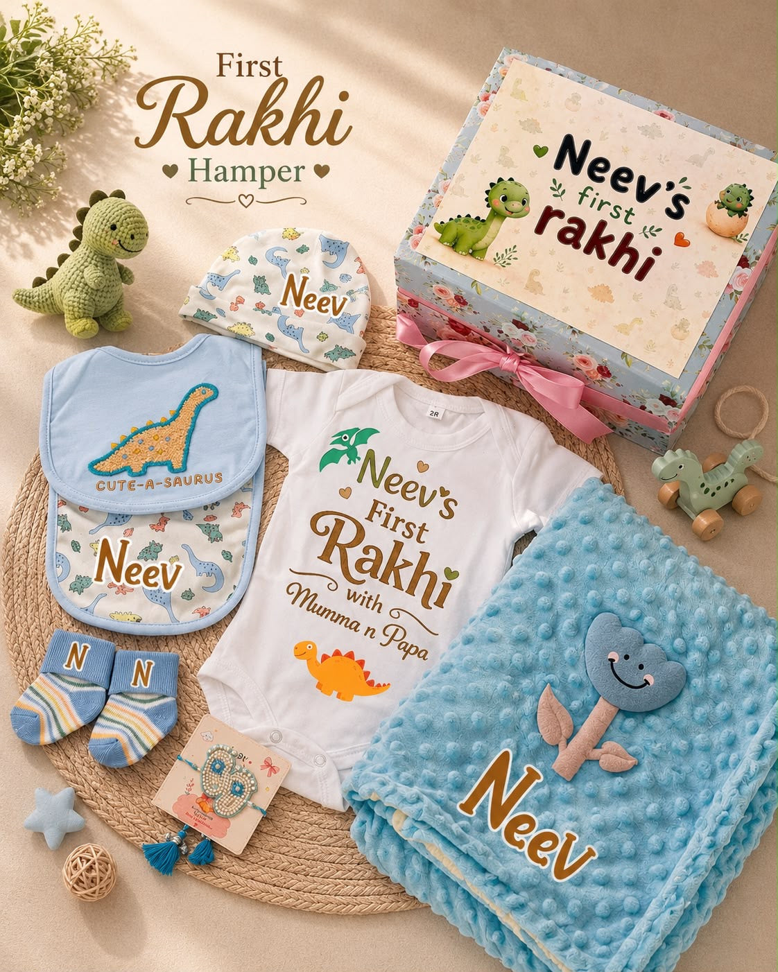 A baby gift set for a first Rakhi, featuring a white bodysuit, two blue bibs, blue socks, a blue textured blanket, a green dinosaur toy, and a personalized gift box on a beige background.