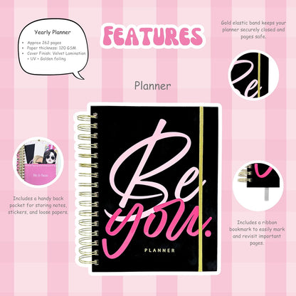 Planner with 'Be You' design on a pink striped background