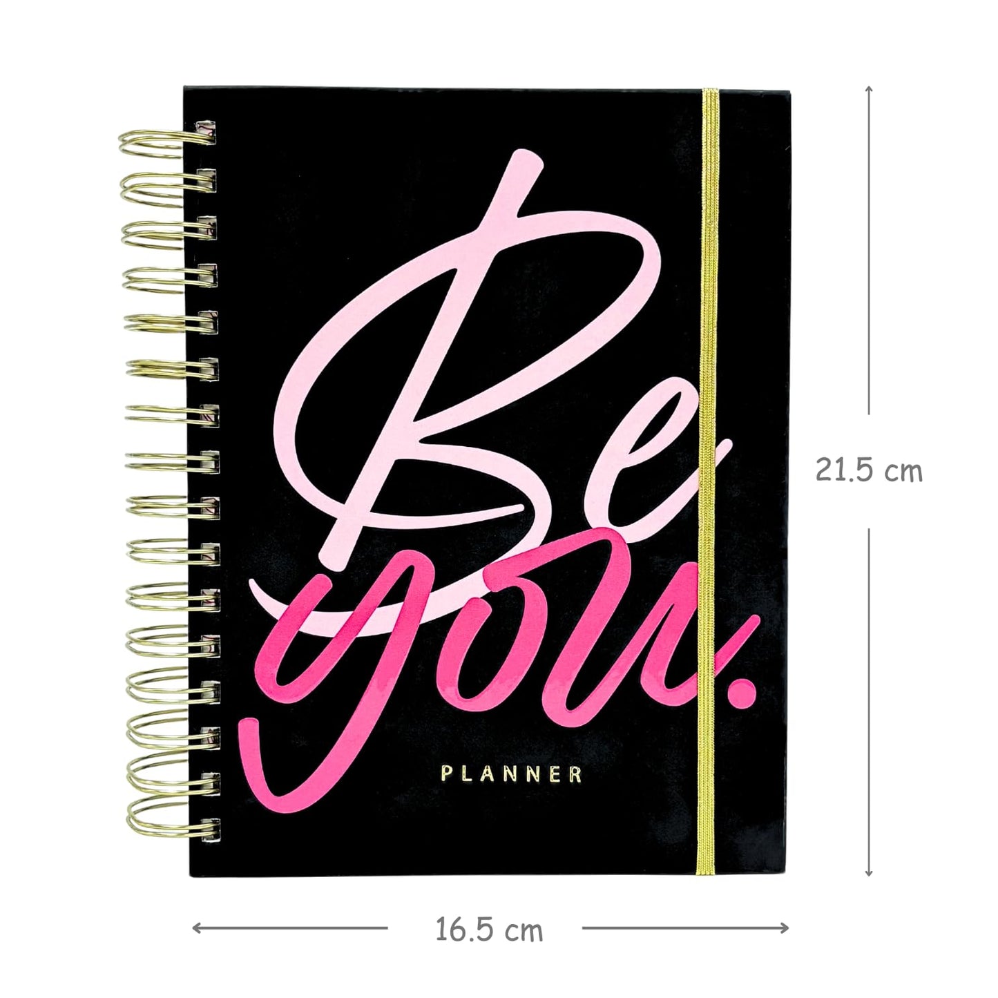 Planner with 'Be You' text on a black background, showing dimensions.