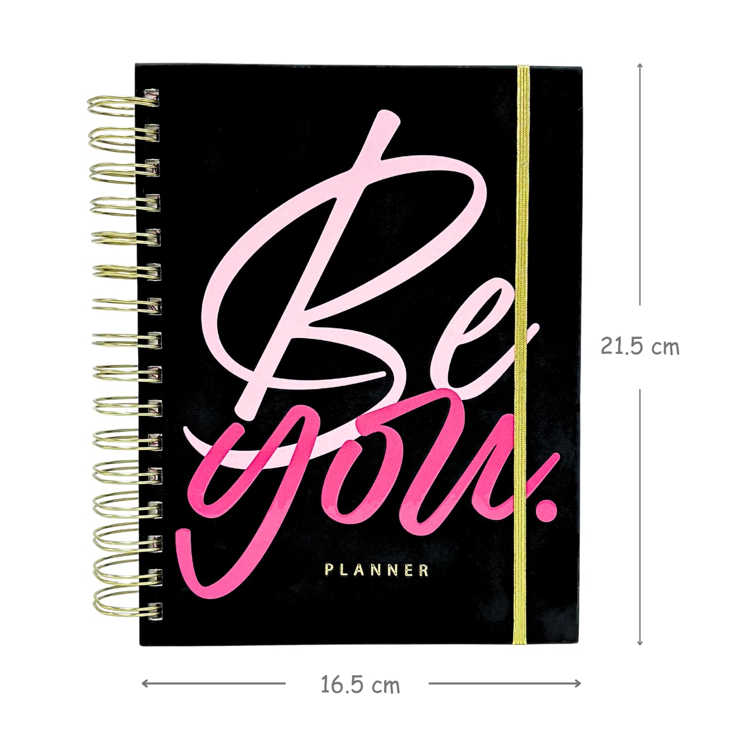 Planner with 'Be You' text on a black background, showing dimensions.