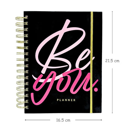 Planner with 'Be You' text on a black background, showing dimensions.
