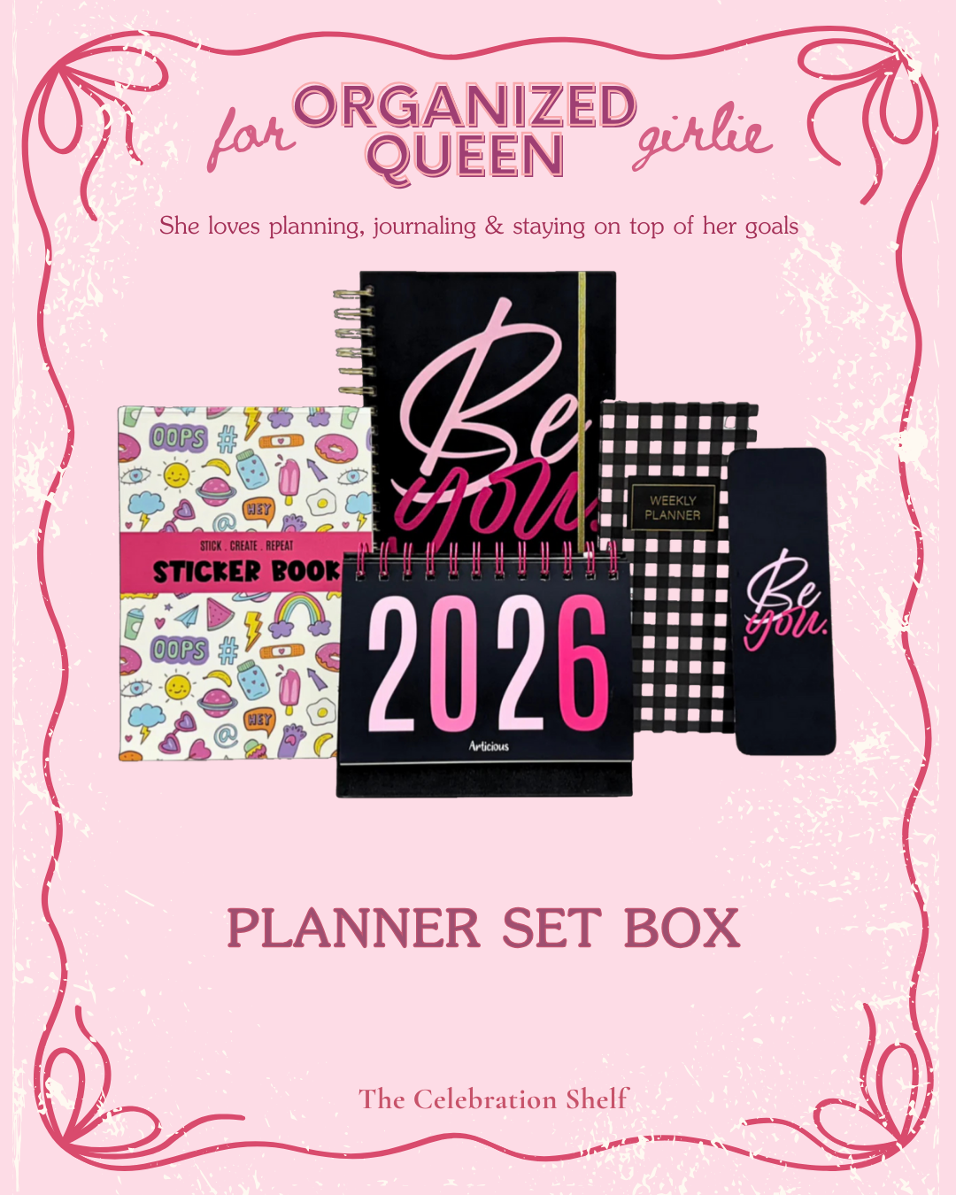 Planner set box with notebooks and stickers on a pink background