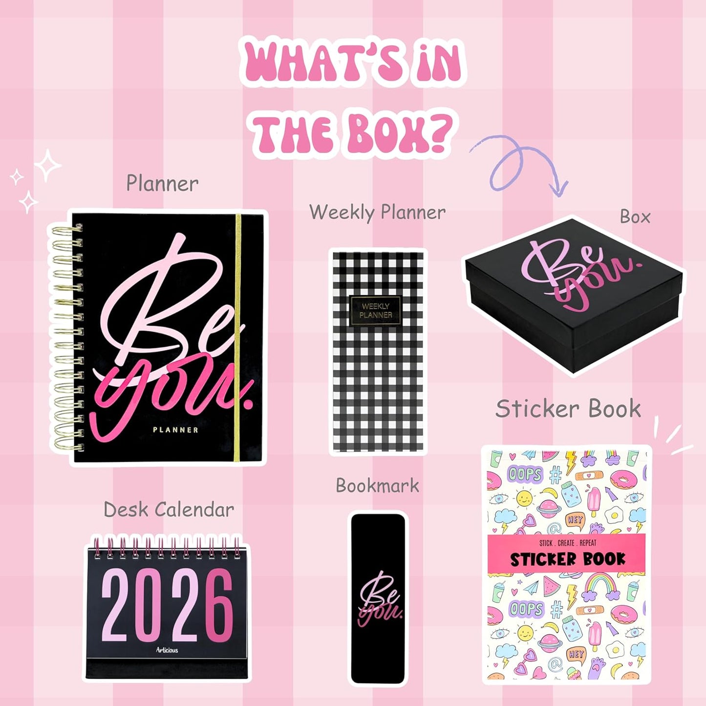 Product set with planner, weekly planner, box, desk calendar, bookmark, and sticker book on a pink background.